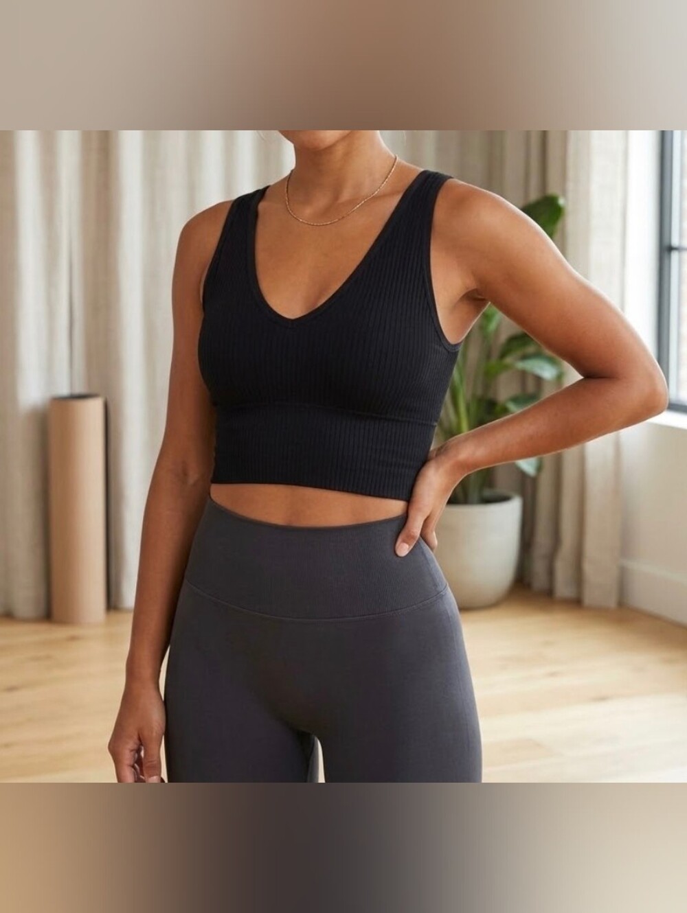 Black Tube Top Sports Bra Size S Small Stretch V Neck
